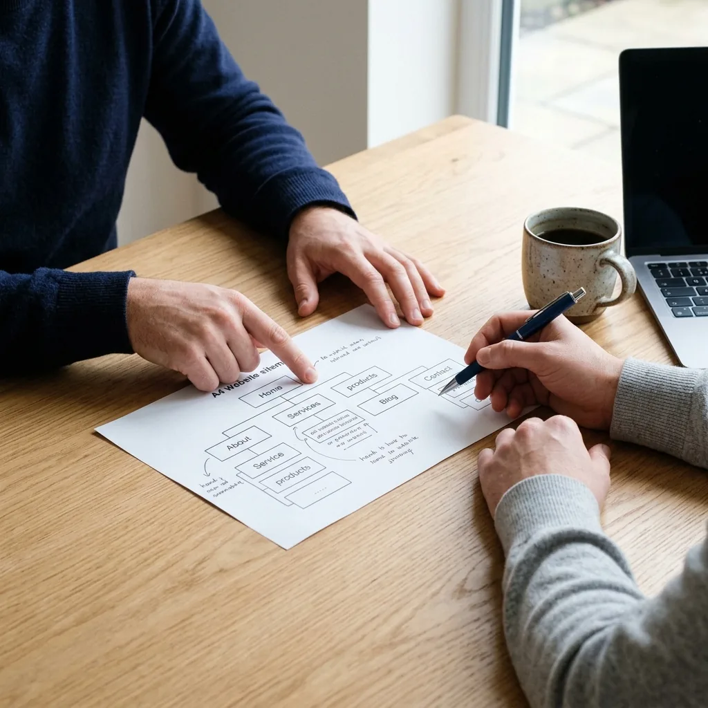 Two people reviewing a printed website sitemap across a table