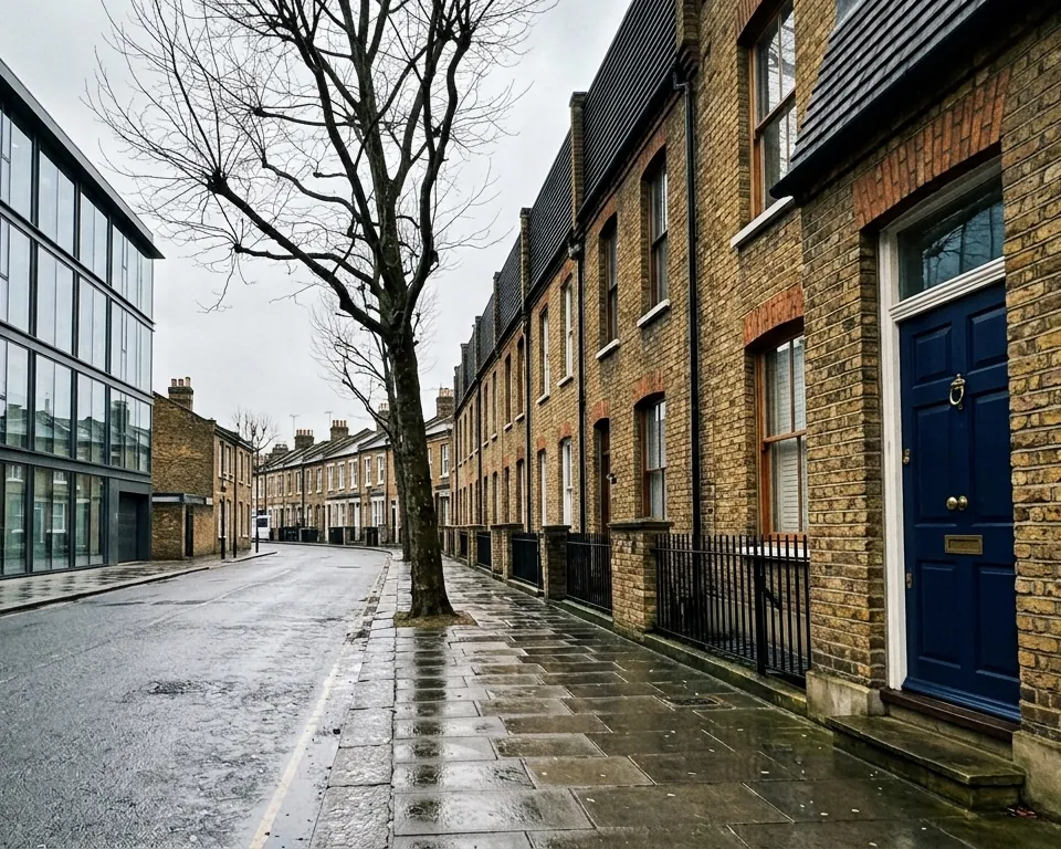 A quiet East London street of Victorian terraces beside a modern glass office building