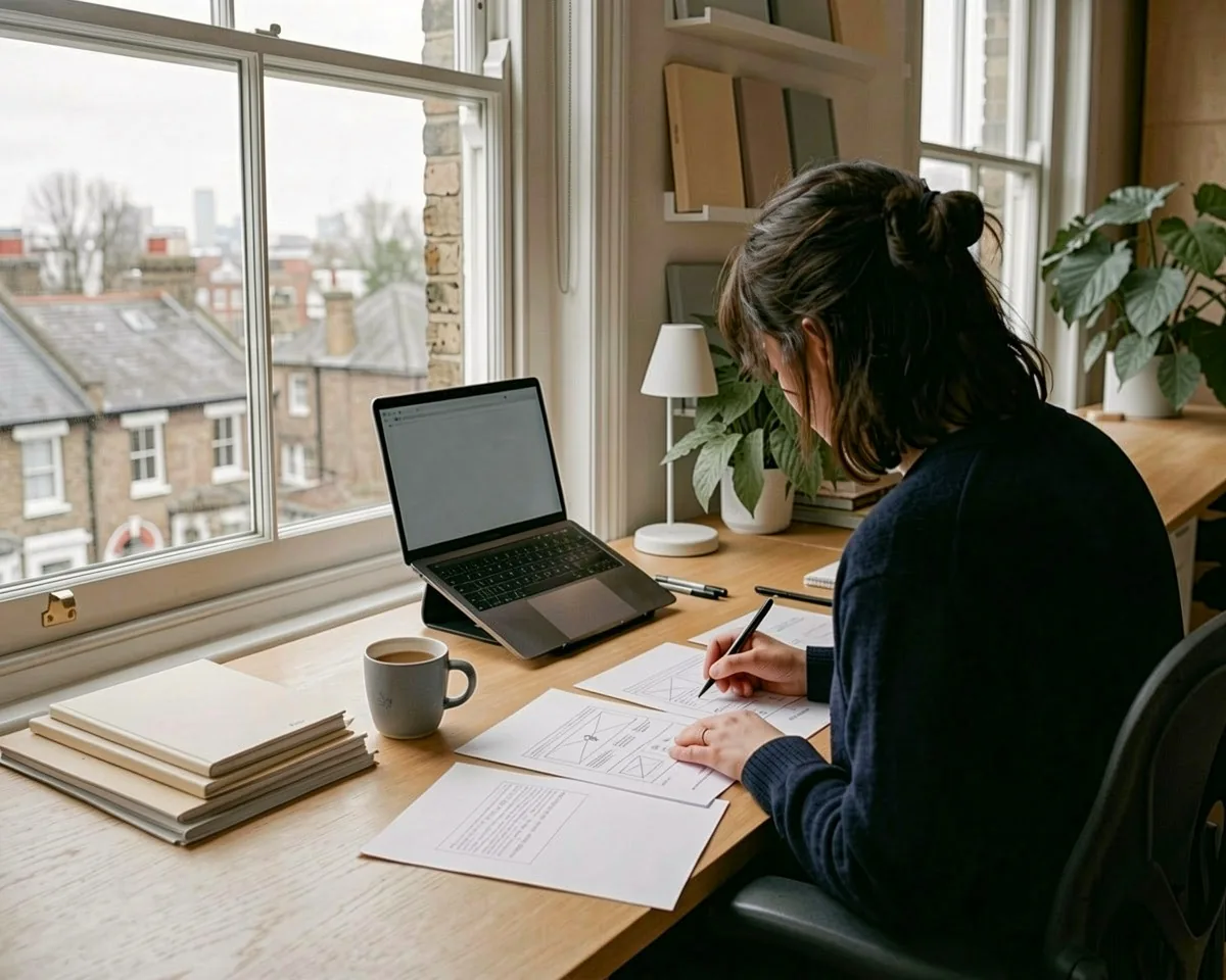 A designer reviewing printed website layouts at a desk above London rooftops